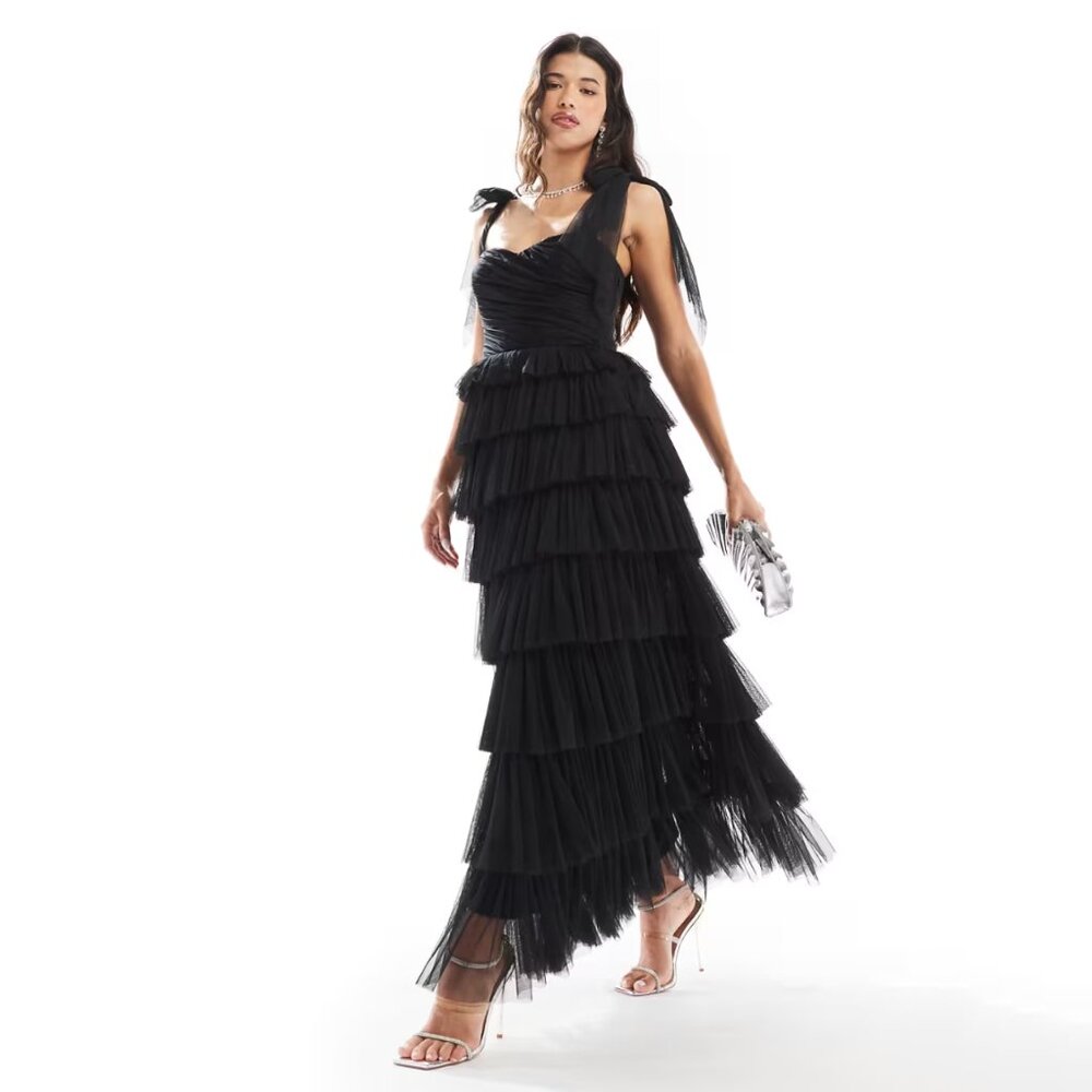 Lace & Beads bow shoulder tulle maxi dress in black